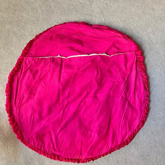 Embroidered Cushion Cover Pink Round Pleated Trim Dragon & Bird 18" D VTG READ - Picture 5 of 8